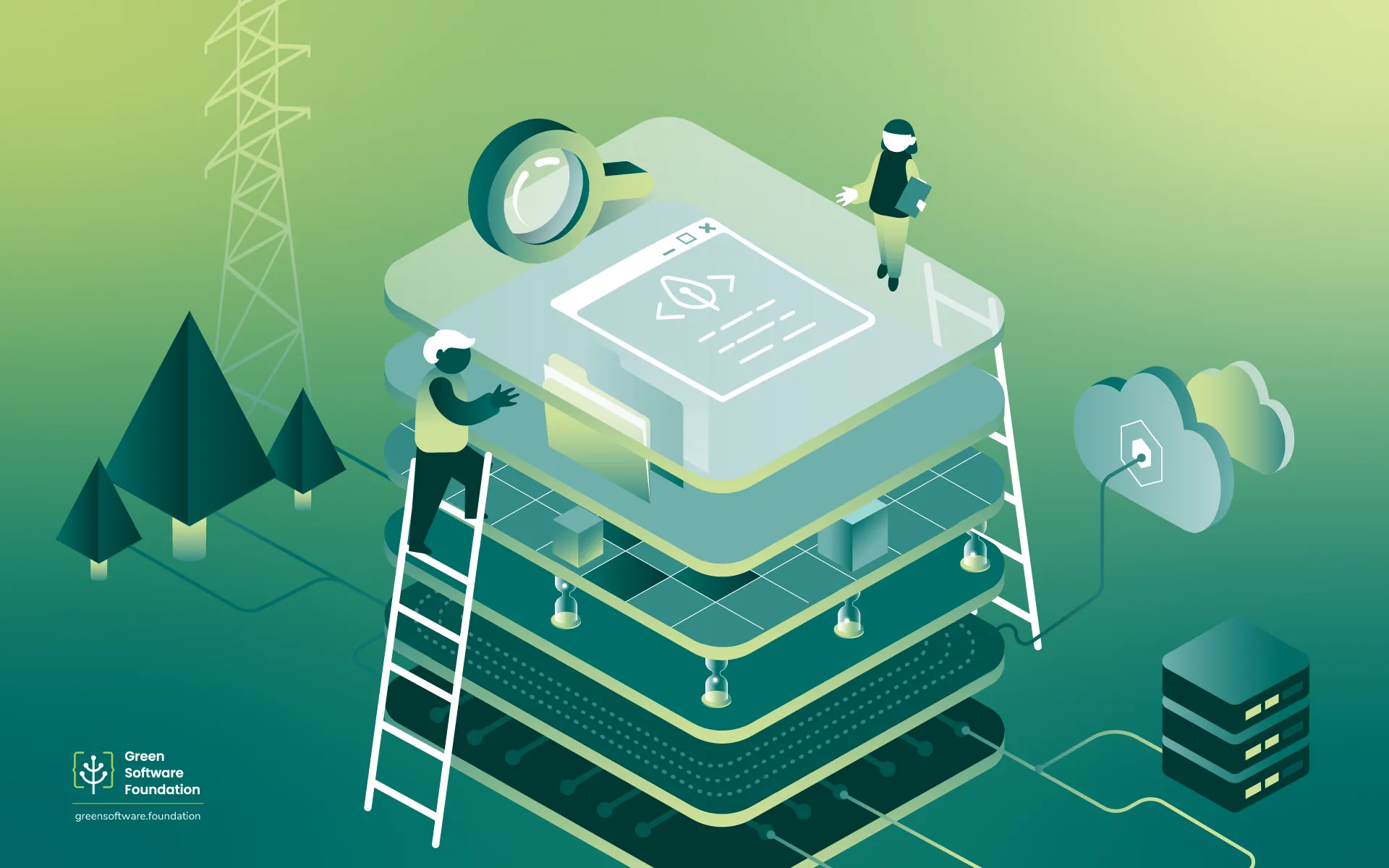 Isometric illustration showing two people building a layered technology stack, with a magnifying glass, cloud infrastructure, power lines, trees, and a server rack in the background, rendered in green tones. Green Software Foundation logo in the bottom left corner.