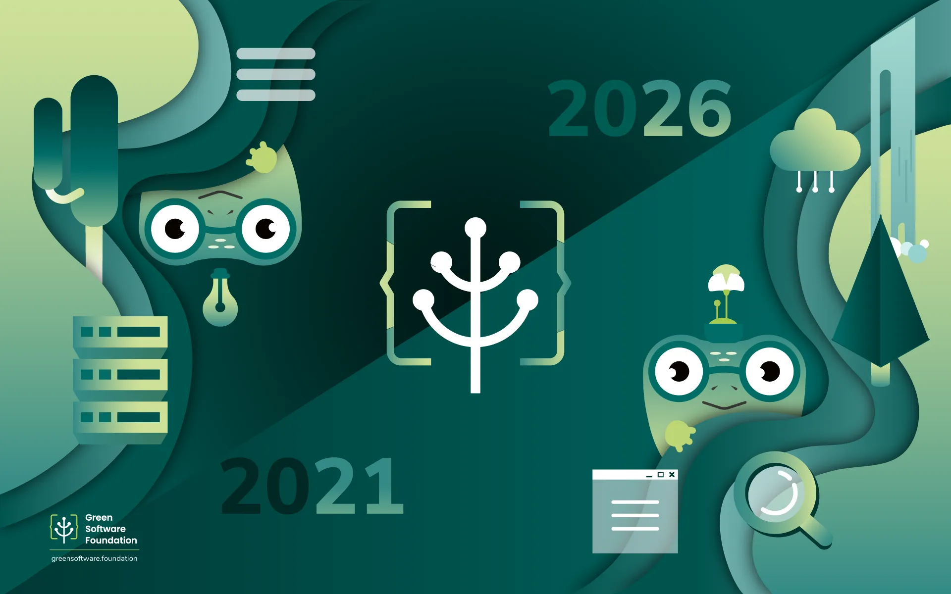 Two illustrated frog characters represent 2021 and 2026, connected by a journey through green software milestones, with the Green Software Foundation logo at t…Two illustrated frog characters represent 2021 and 2026, connected by a journey through green software milestones, with the Green Software Foundation logo at the center.