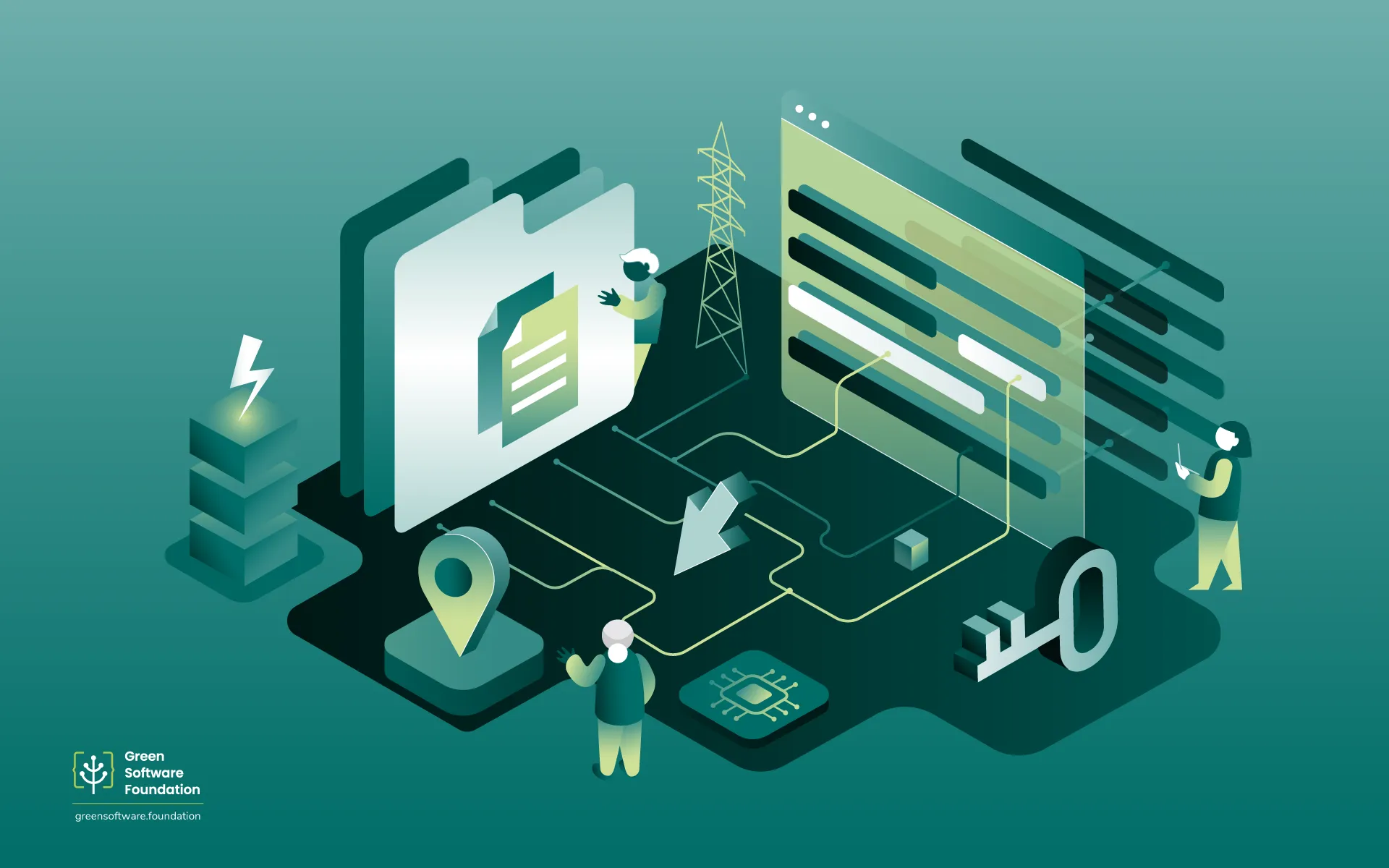 Isometric illustration showing a system of interconnected components — a document, code panel, energy tower, location pin, and chip — with three human figures interacting with the system, representing the community-driven nature of the GSF Reference Implementations repository.