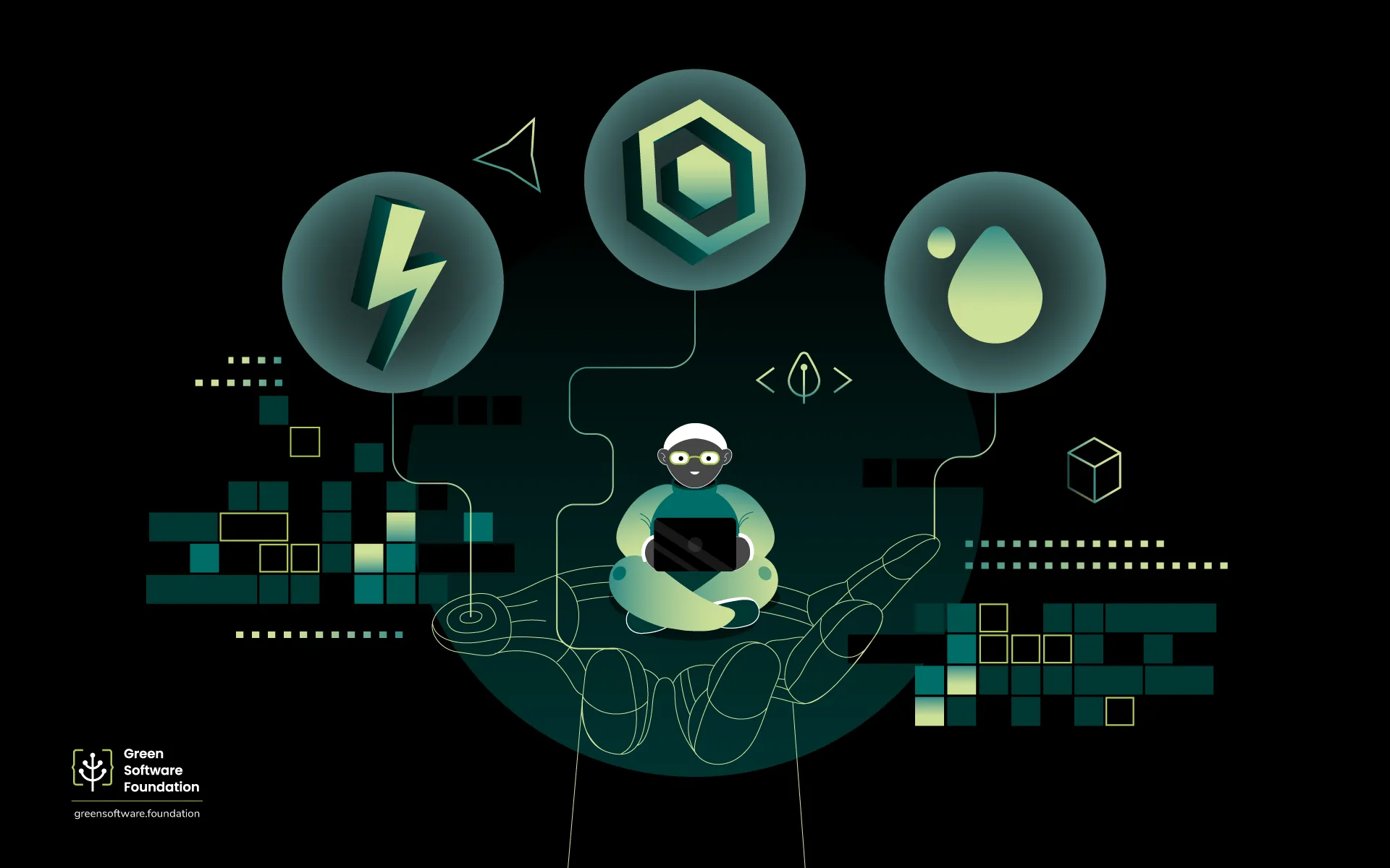 A developer sits cross-legged on a large open hand, working on a laptop. Three glowing circular icons float above, connected by circuit-like lines, representing energy (lightning bolt), carbon (hexagon), and water (droplet). A dark background with teal grid patterns frames the illustration. Green Software Foundation logo in the bottom left corner.